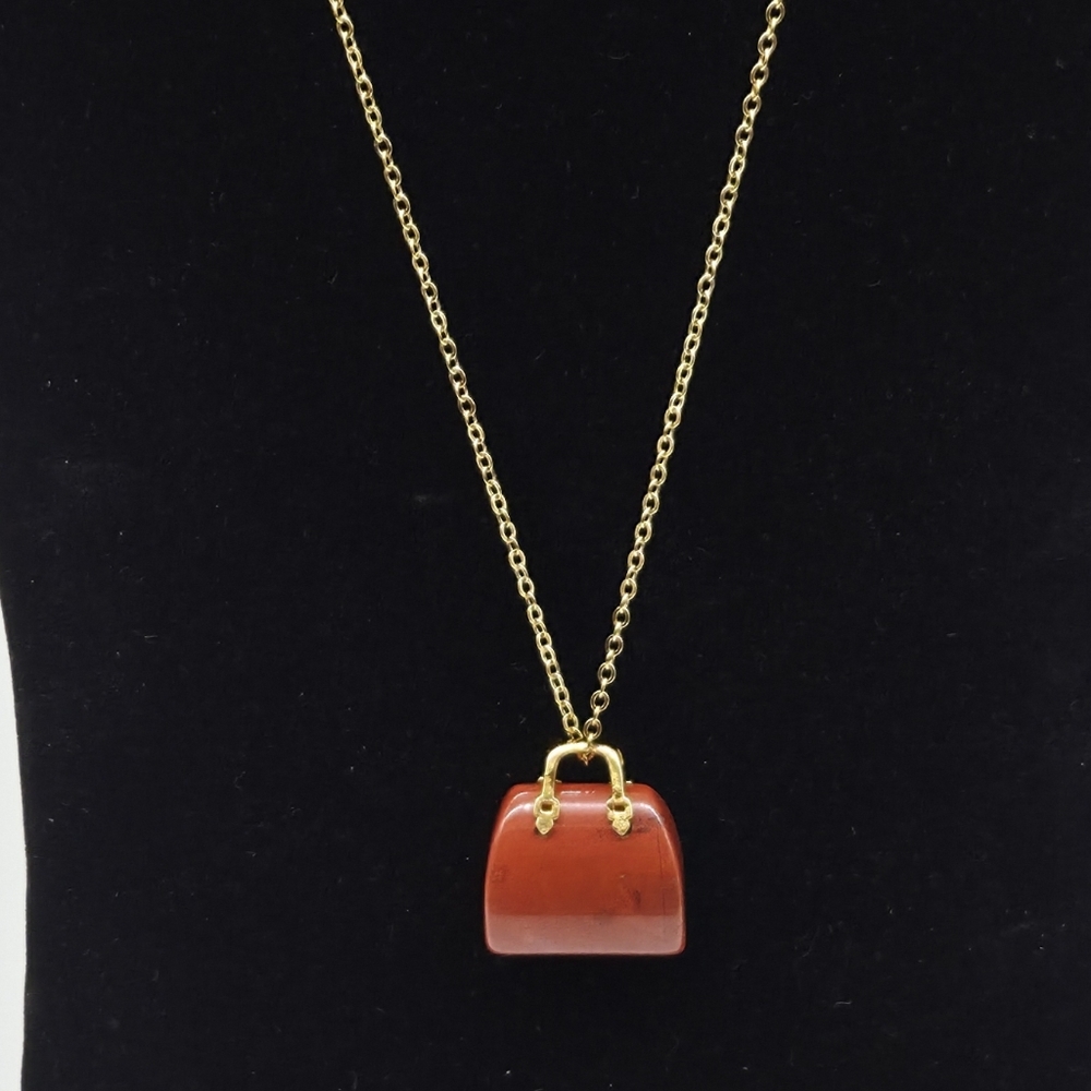Natural Red Jasper Handbag Shape Stone Crystal Healing with Gold Plated Chain